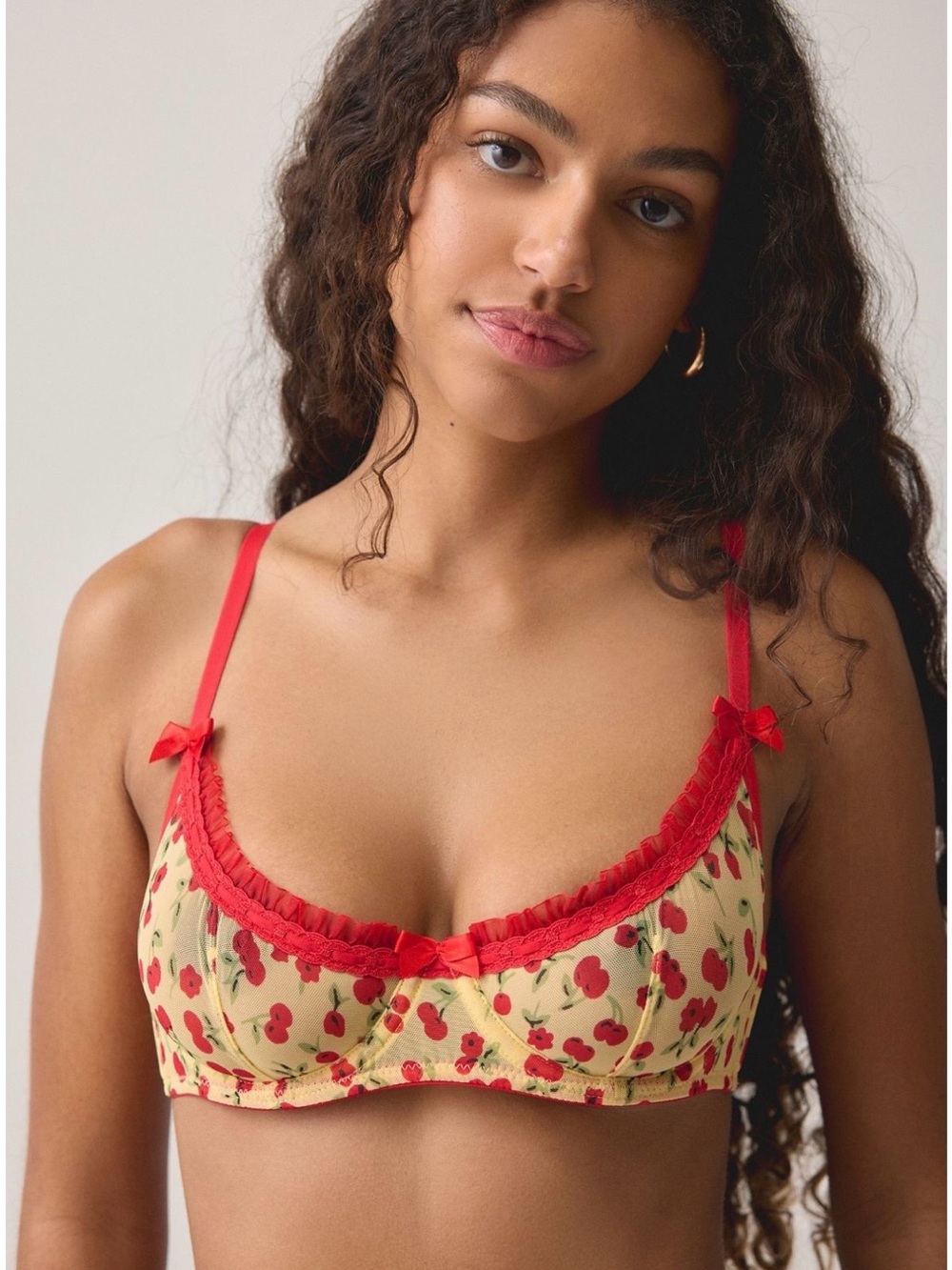 Urban Outfitters Yellow Cherry-Print Underwire Bra with Red Trim